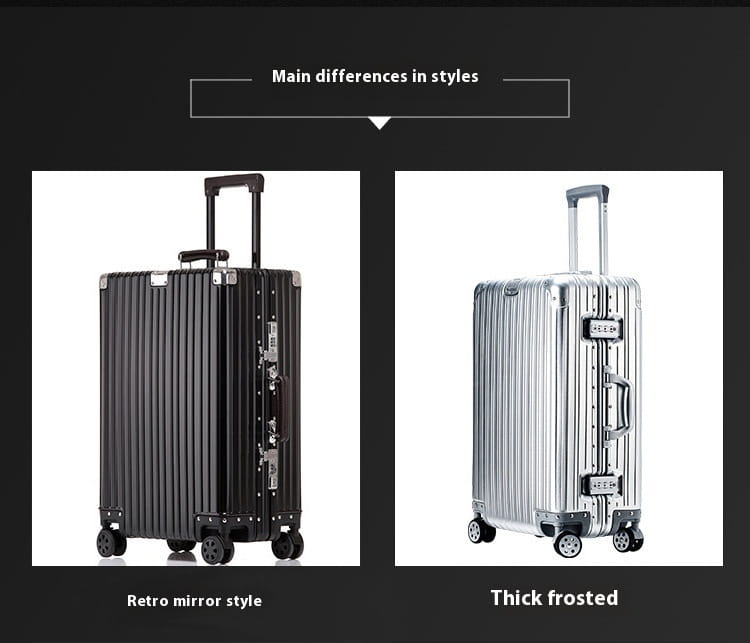 two aluminum magnesium luggage hardshell spinner suitcases with one in black retro mirror style and the other in silver thick frosted finish.