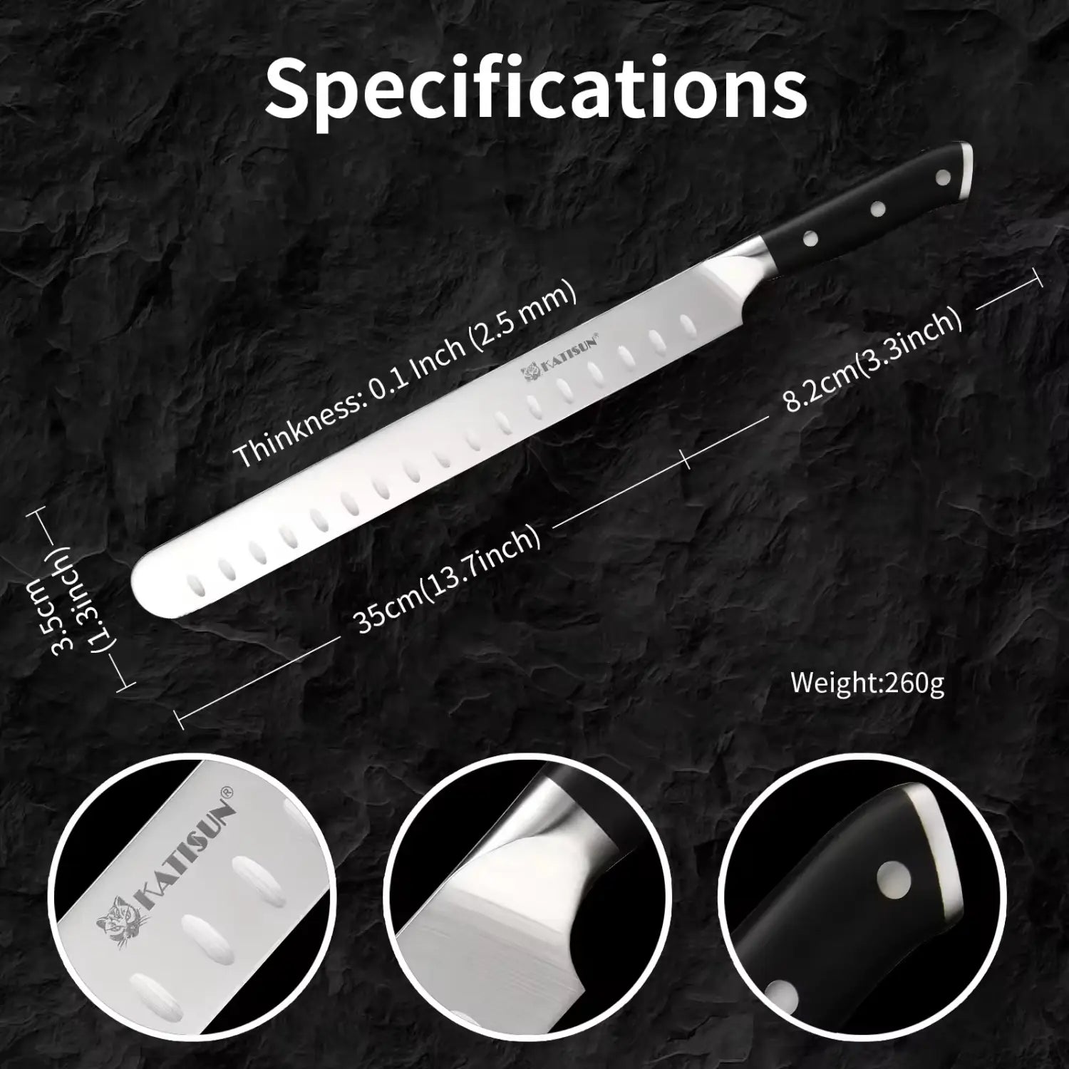 A sleek black-handled carbon steel 10 inch chef knife with a polished stainless steel blade featuring the katisun brand logo and three oval indentations designed for meat and ham.