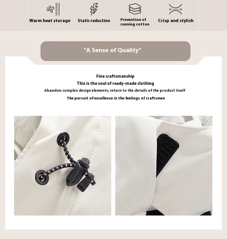 White waterproof thermal winter puffer jacket with black elastic drawstring and fabric fasteners.