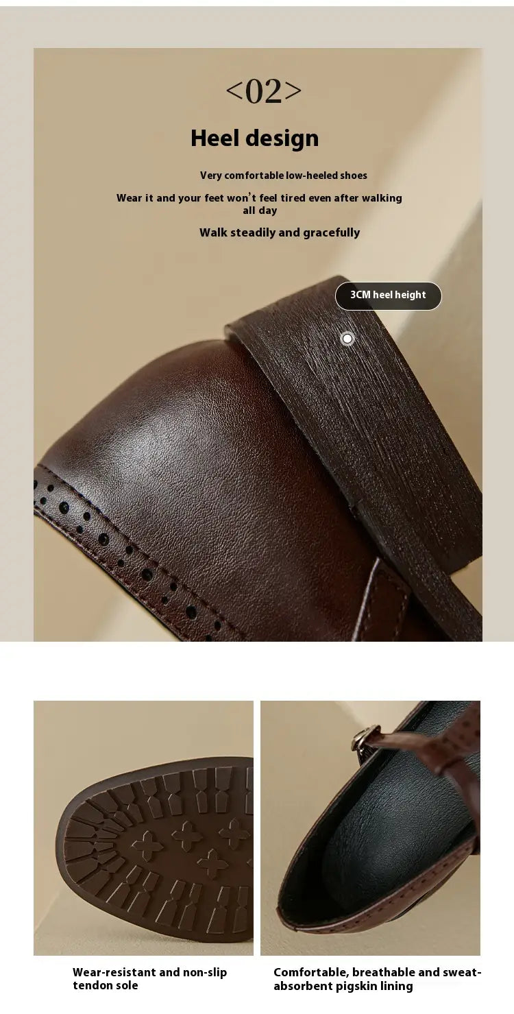 Dunkelbraune Leder-Mary-Jane-Schuhe mit T-Riemen, Brogue-Stil, mit perforierten Details an der Seite und einer Absatzhöhe von 3 cm.