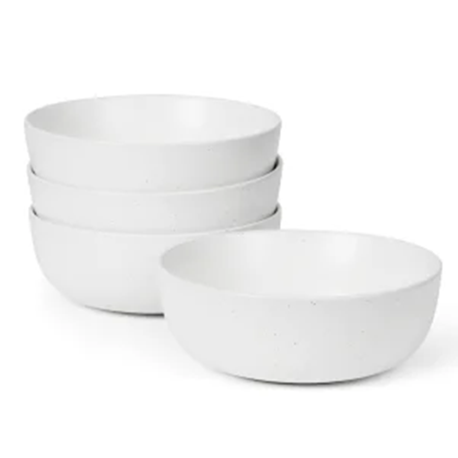 Set of four white ceramic matte finish bowls with a subtle rim ideal for soup and salad 27oz capacity.