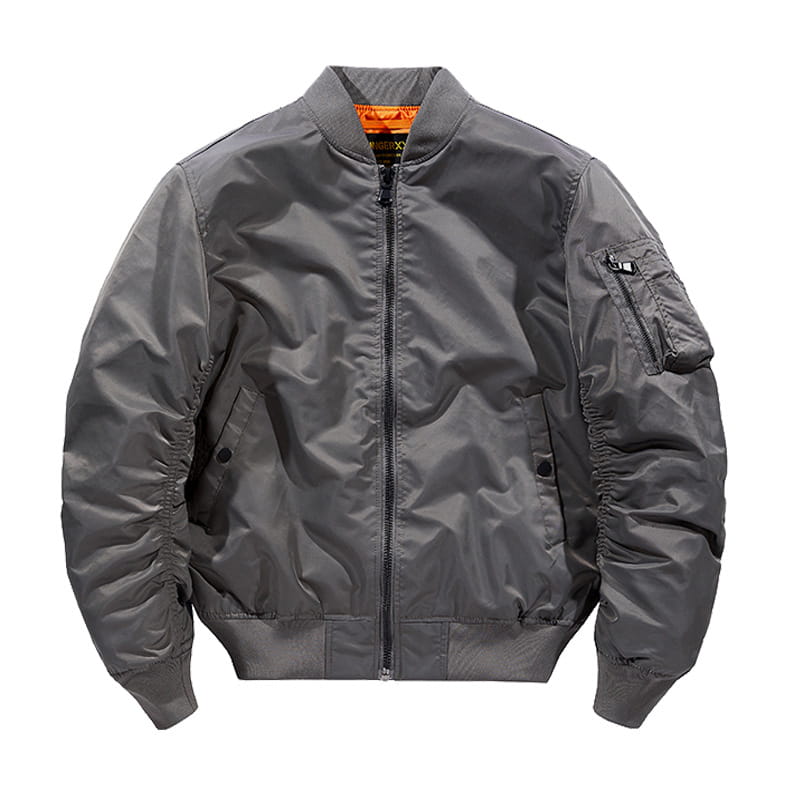 Men’s retro loose flight bomber jacket in gray matte finish with ribbed cuffs and waistband and an orange-lined collar for workwear use.