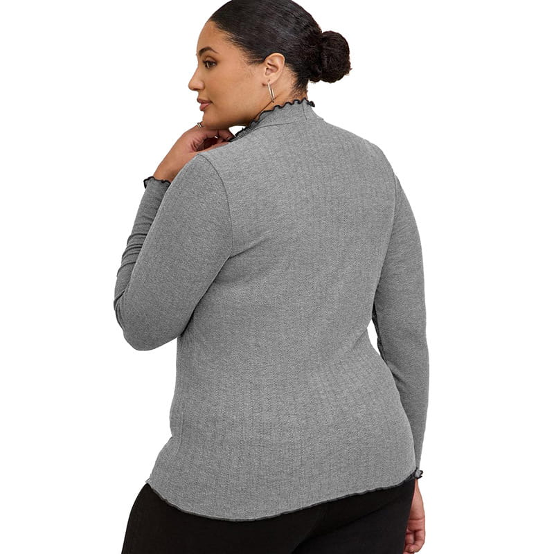 Gray textured knit slim fit sweater with black ruffled mock neck collar for women
