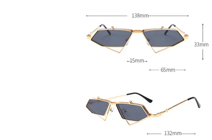 vintage geometric gold metal frame sunglasses featuring gold-toned geometric frames and dark gray lenses with a futuristic angular design.