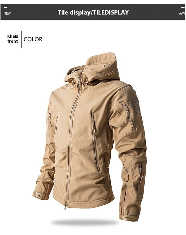 Men’s waterproof tactical fleece soft shell jacket in khaki featuring multiple zippered pockets and a soft durable fabric finish