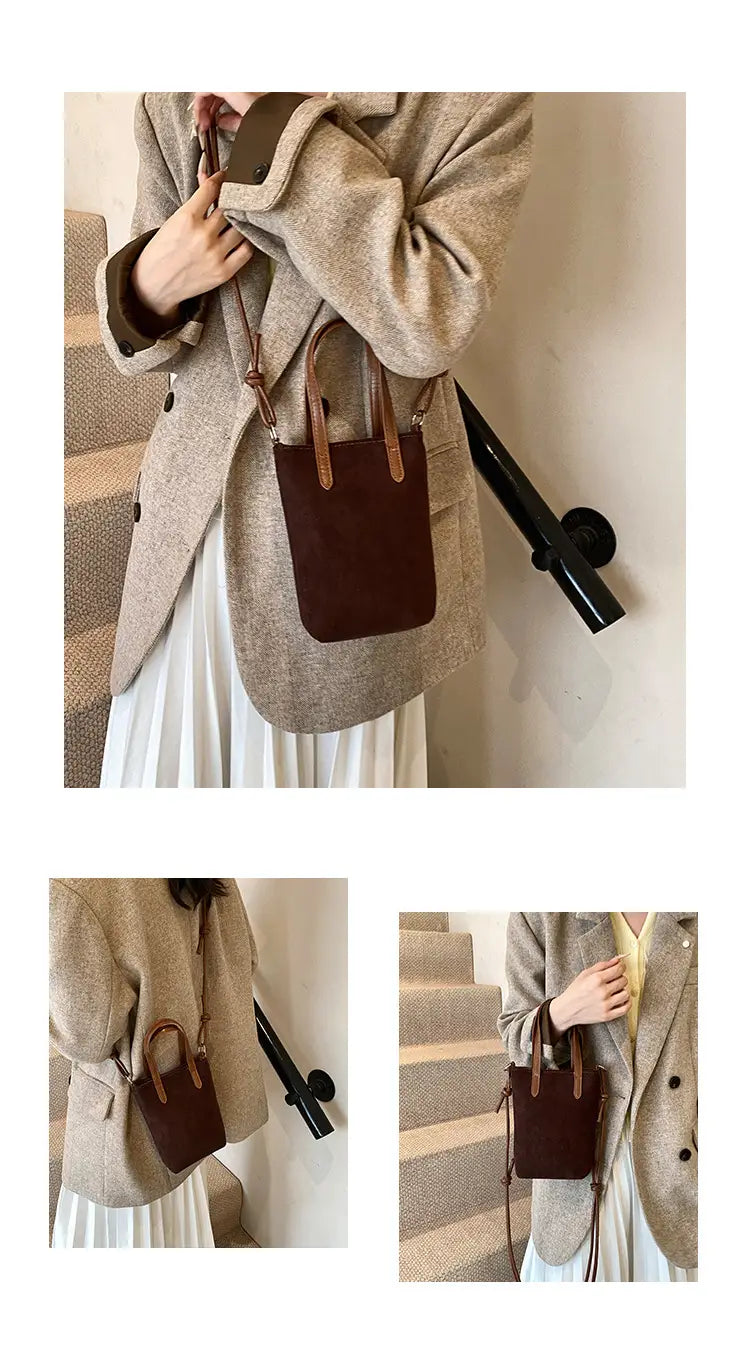 Brown leather bucket bag with matching handles and crossbody strap shown from the front for the retro leopard print suede mini bucket crossbody bag product.
