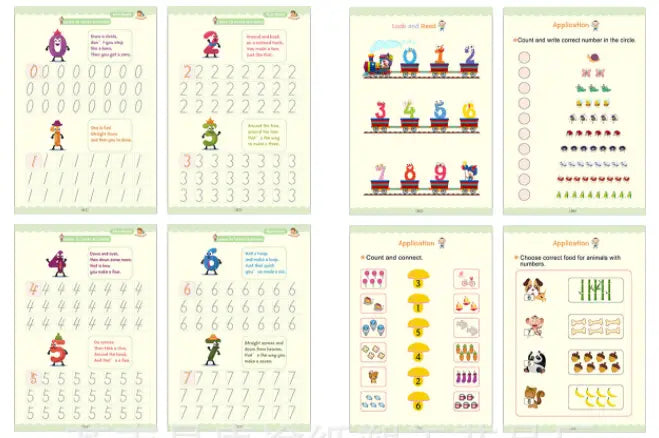 educational children’s math workbook pages from the sank magic practice copybook set for kids preschoolers featuring colorful cartoon characters and number tracing exercises