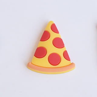 yellow pizza slice-shaped shoe charm with red pepperoni dots and tan crust designed for sandals and clogs.