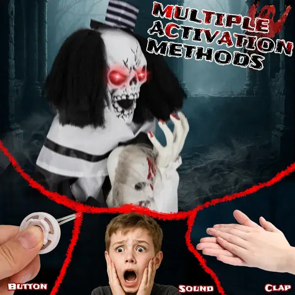 a spooky black-and-white clown skeleton decoration with glowing red eyes and a striped hat sound activated 1.8ft for halloween