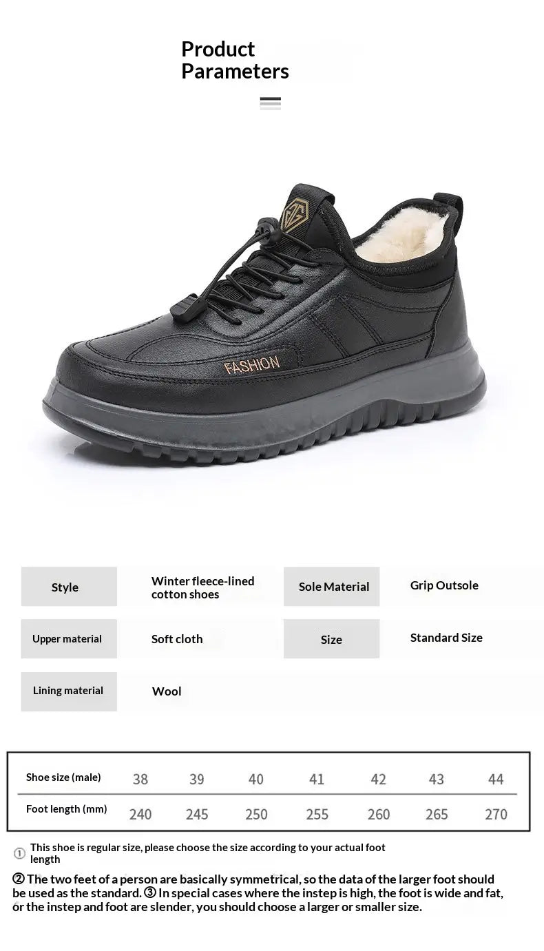 Zapatilla de algodón color negro con forro de lana invernal y suela de goma gris, diseñada para hombres