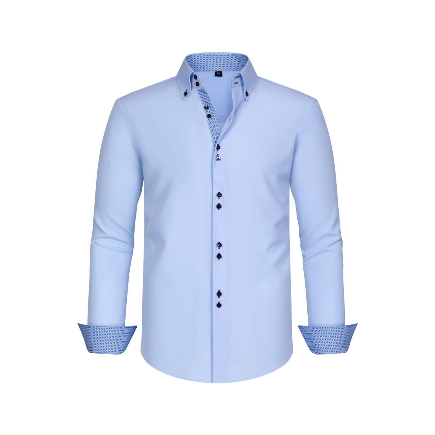 Chemise habillée stretch à empiècements contrastés bleu clair pour homme, avec un contraste à motifs discret sur le col et les poignets, et une patte de boutonnage.