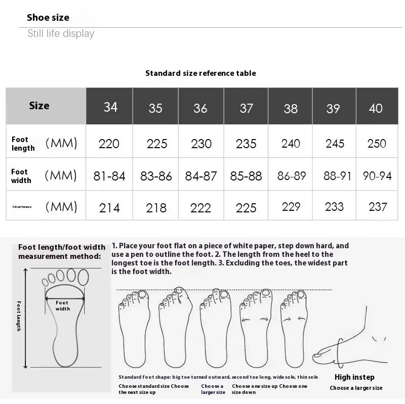 Tabelle zur Standard-Schuhgrößenreferenz mit Maßangaben in Millimetern für die Fußlänge, -breite und den Umfang über die Größen 34 bis 40 für spitze Stiefeletten aus Lackleder mit Blockabsatz.