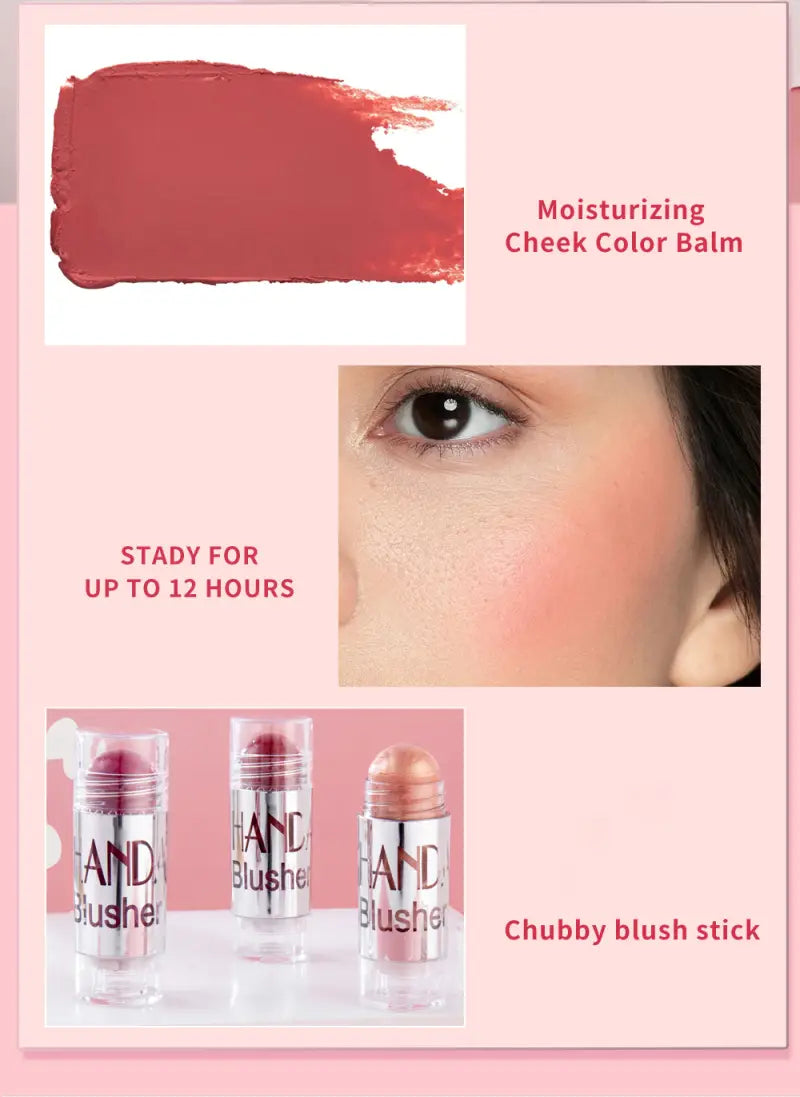 A sleek silver-topped creamy blush stick with a clear cylindrical body labeled hand blusher for long lasting face highlighting available in eight colors.