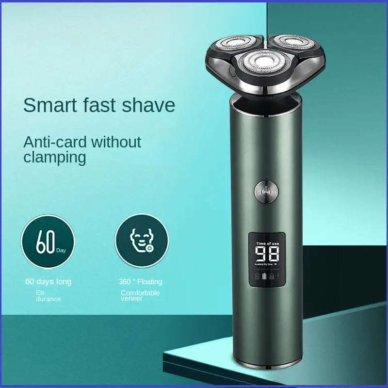 Rasoir électrique pour homme vert mat élégant, avec trois têtes de rasage flottantes et un écran numérique sur sa poignée cylindrique.