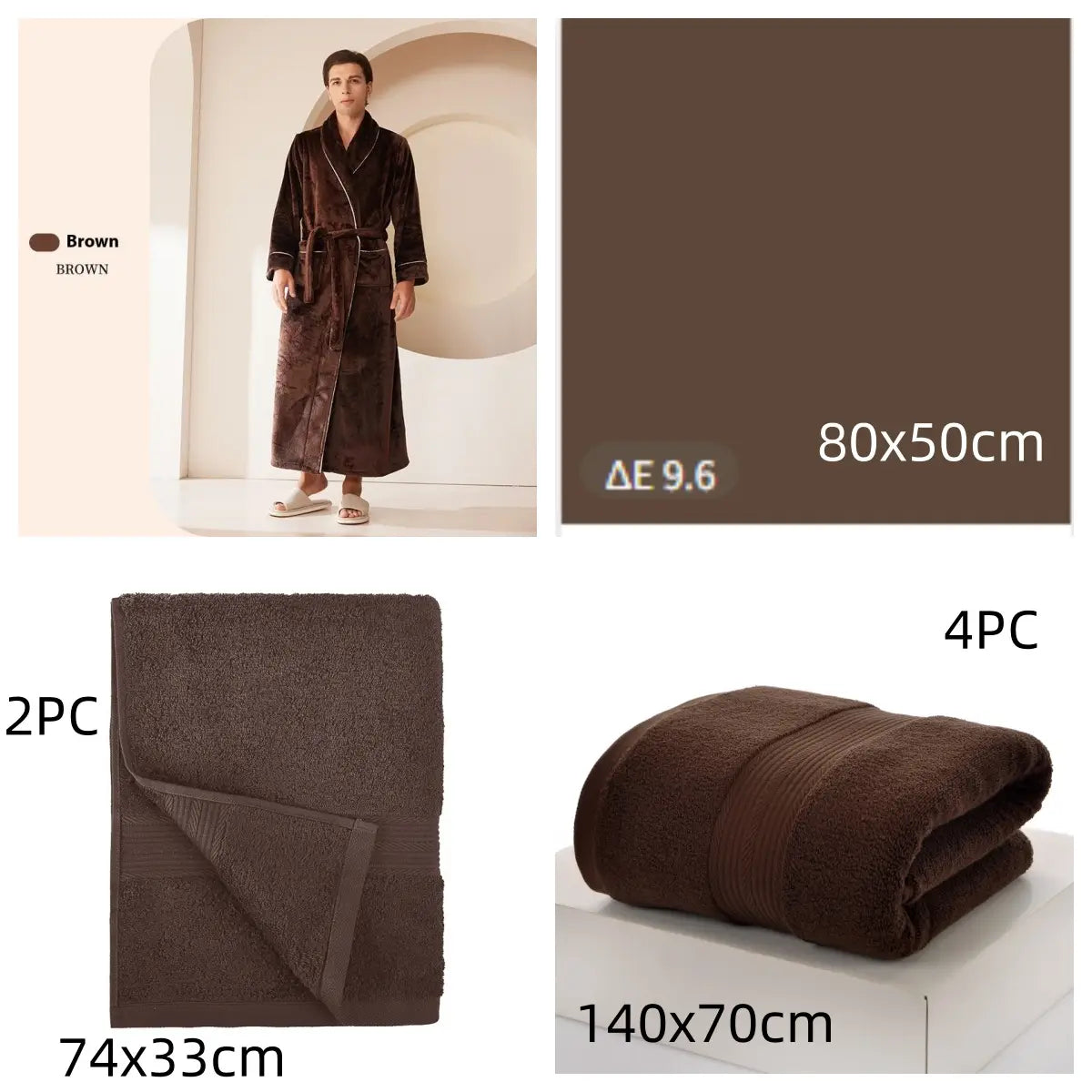 Brown coral fleece bathrobe set featuring a brown plush robe with velvet trim and matching belt, displayed with coordinating brown towels in varying sizes.