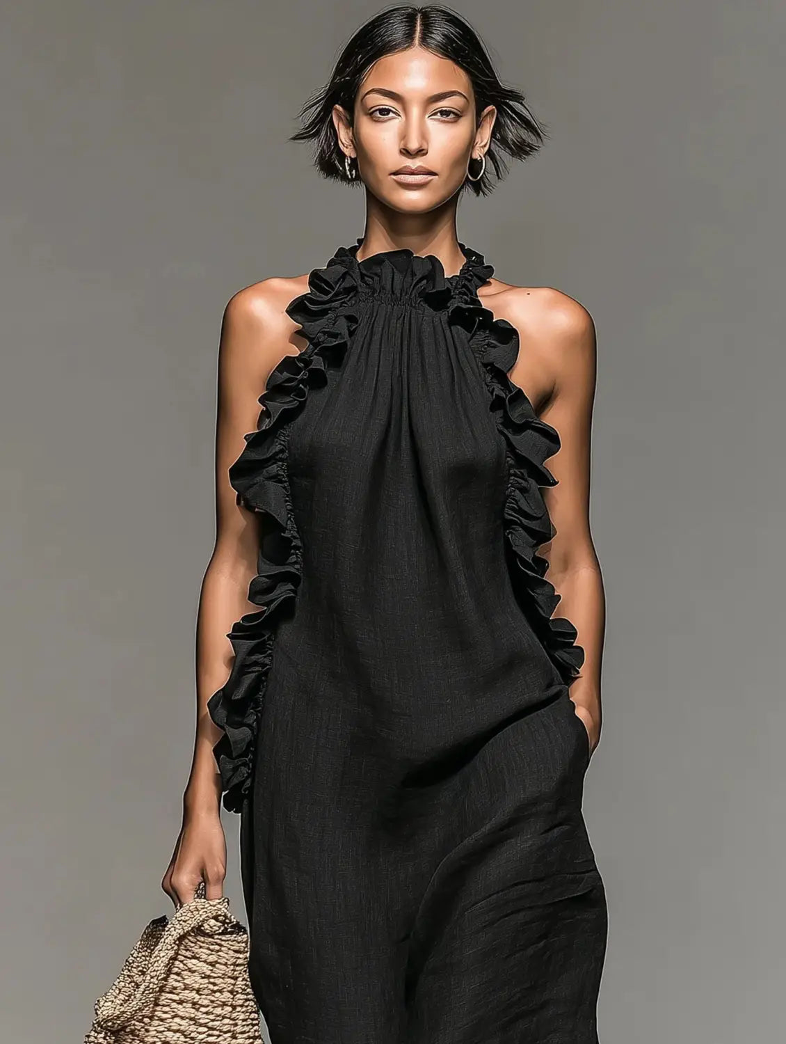 Robe de villégiature longue maxi noire à encolure licou à volants et dos nu, en tissu léger, présentée du côté arrière