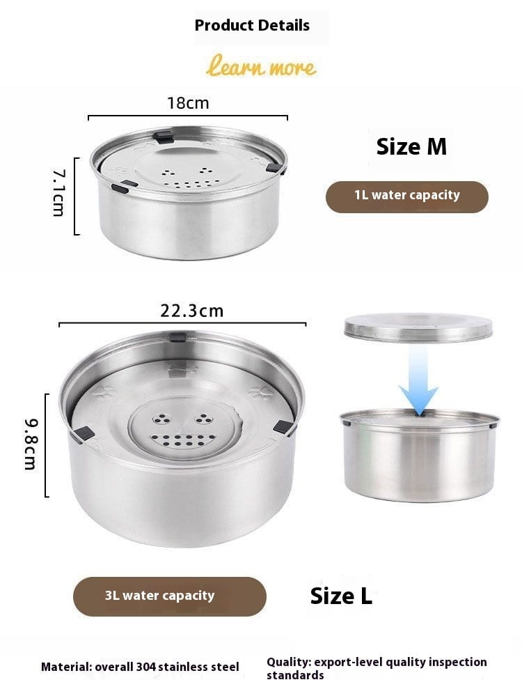 Large stainless steel pet water bowl featuring a stainless steel camping pot with a lid with ventilation holes and black rubber gaskets available in size m with 1 liter capacity or size l with 3 liter capacity.