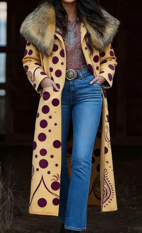 Retro-Damen-Langmantel mit Print in Senfgelb mit kräftigen violetten Punkten sowie Paisley-Mustern mit einer weichen Fellkragen.