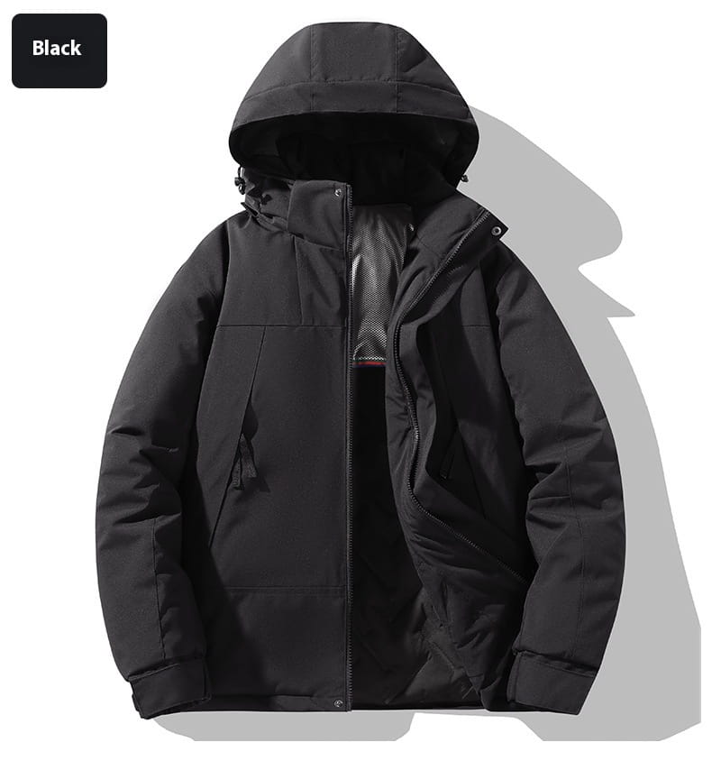 Black hooded waterproof thermal winter puffer jacket with quilted design and zipper closure.