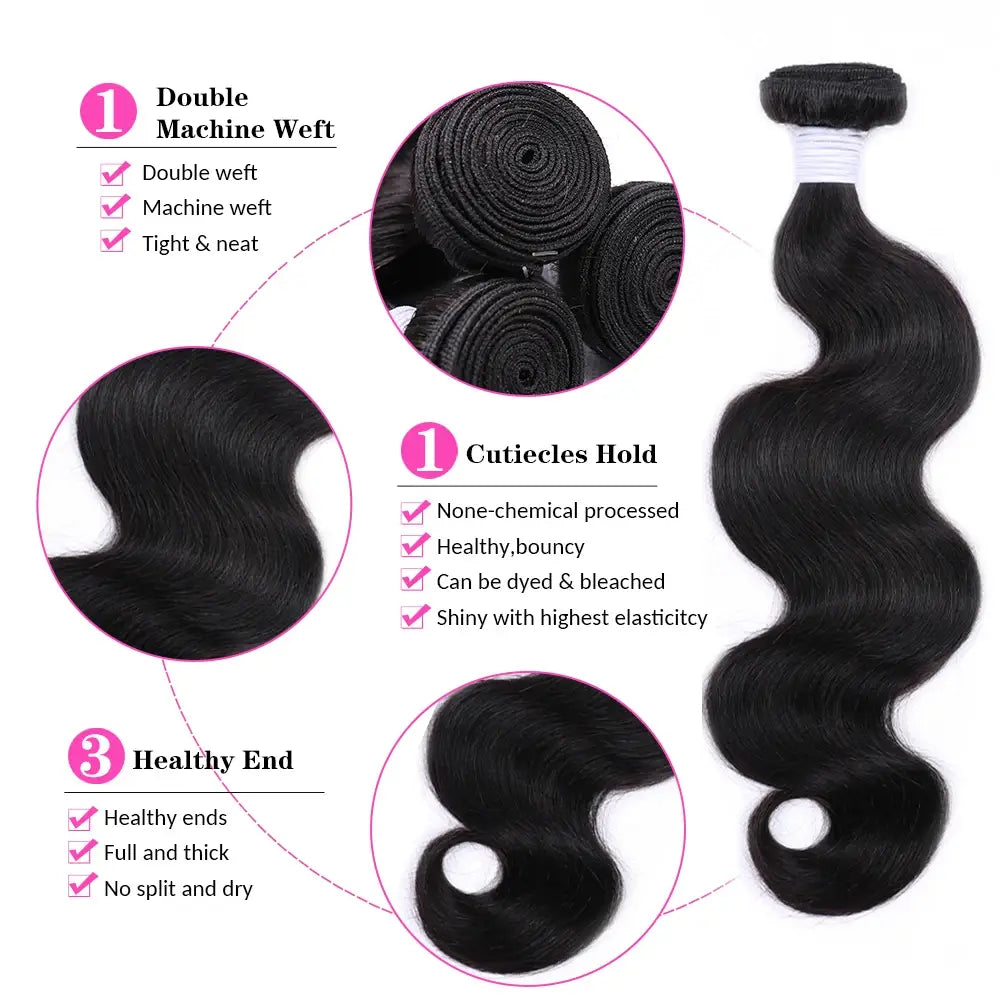 lot d’extension de cheveux humains ondulés de type « body wave » noirs, avec une bande blanche en haut, composé d’un ensemble d’extension en 4 pièces, réalisé en cheveux humains naturels