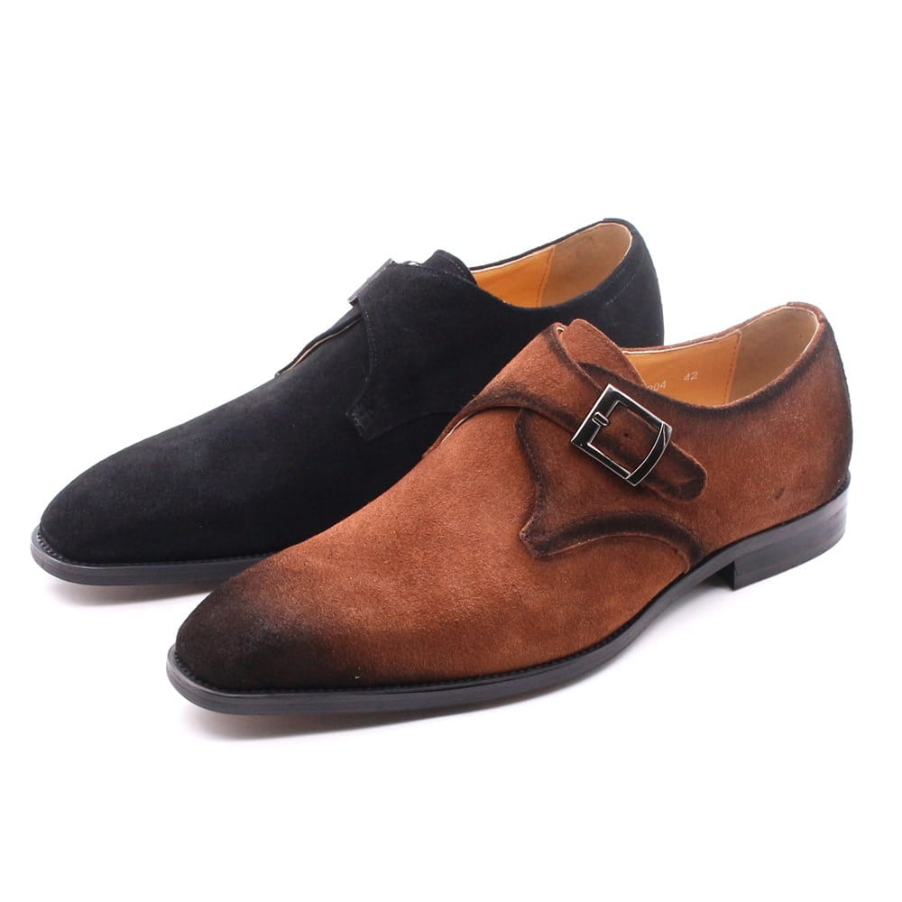 Handmade brown suede monk strap shoes with dark brown toe cap and silver buckle for men’s business casual wear.