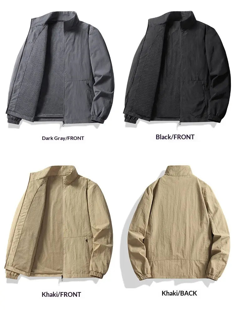 Dark gray black and khaki lightweight quilted fleece stand collar sports jackets with modern design featuring ribbed cuffs and collar.