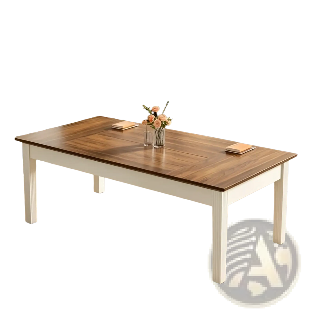 A rectangular 62 inch white and brown wooden executive office desk with a rich brown top and white legs