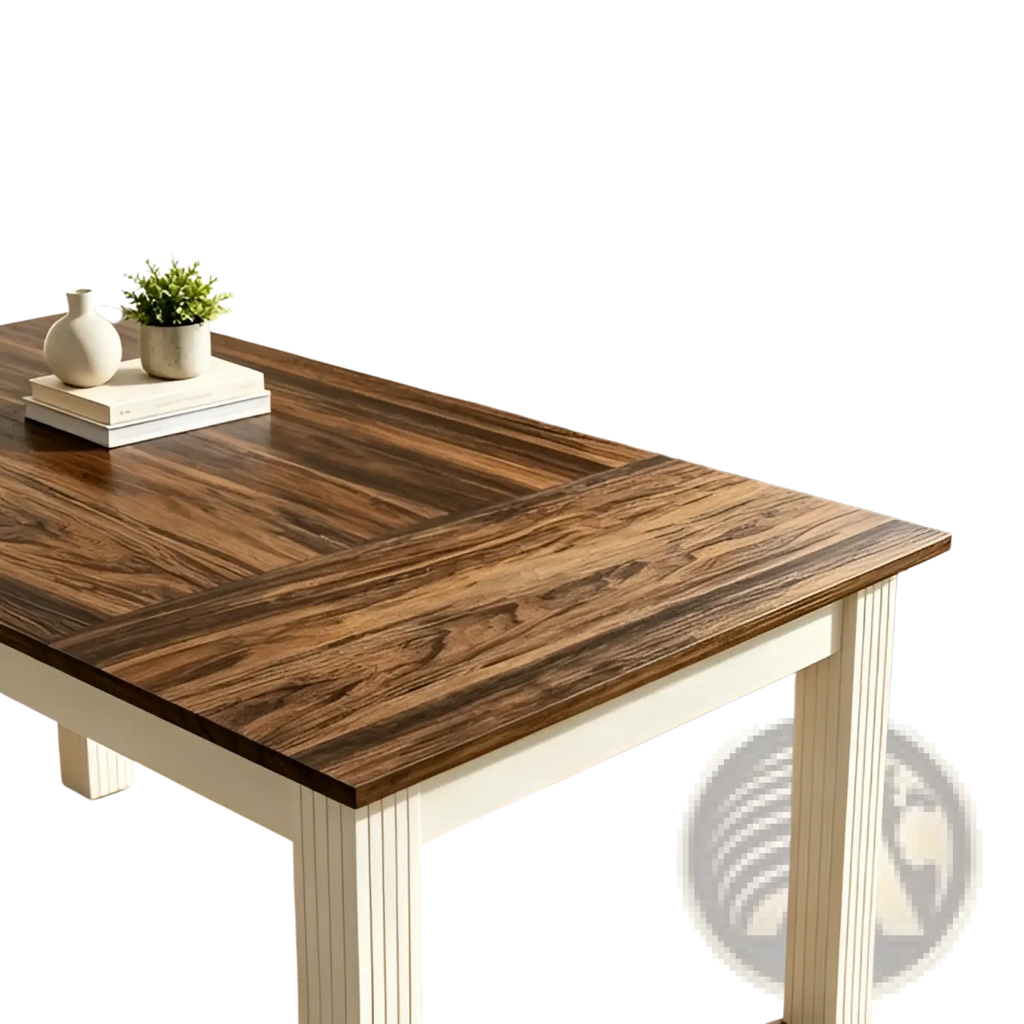 A 62 inch white and brown wooden executive office desk with a dark brown wood-grain surface and white fluted legs