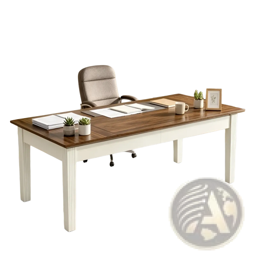 62 inch white and brown wooden executive office desk with dark brown wood top and tapered legs on a white wooden base