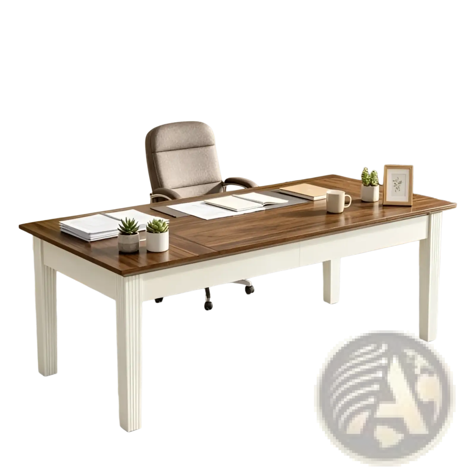 62 inch white and brown wooden executive office desk with dark brown wood top and tapered legs on a white wooden base