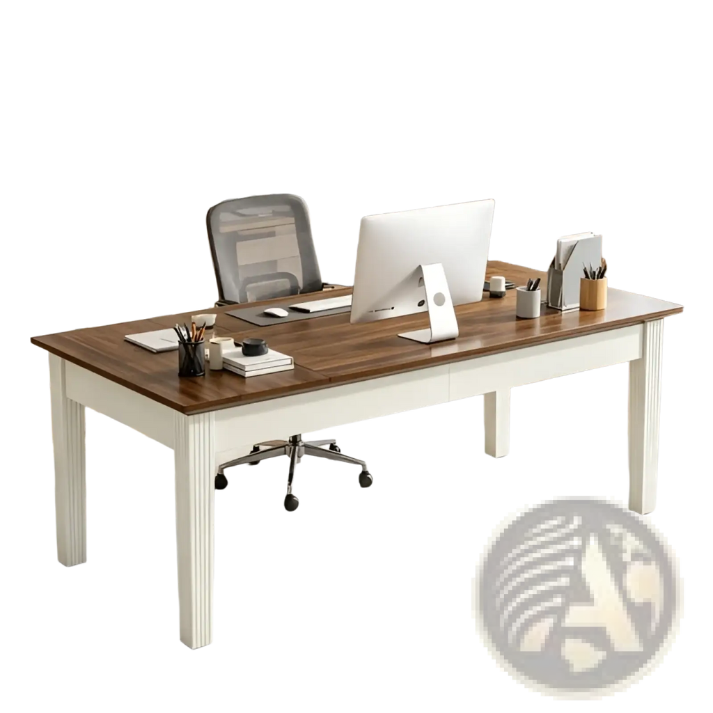 62 inch white and brown wooden executive office desk with dark brown wood top and vertical panel legs on a white wooden desk