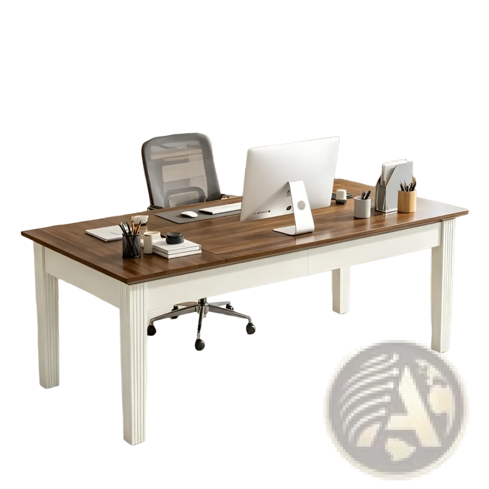 62 inch white and brown wooden executive office desk with dark brown wood top and vertical panel legs on a white wooden desk