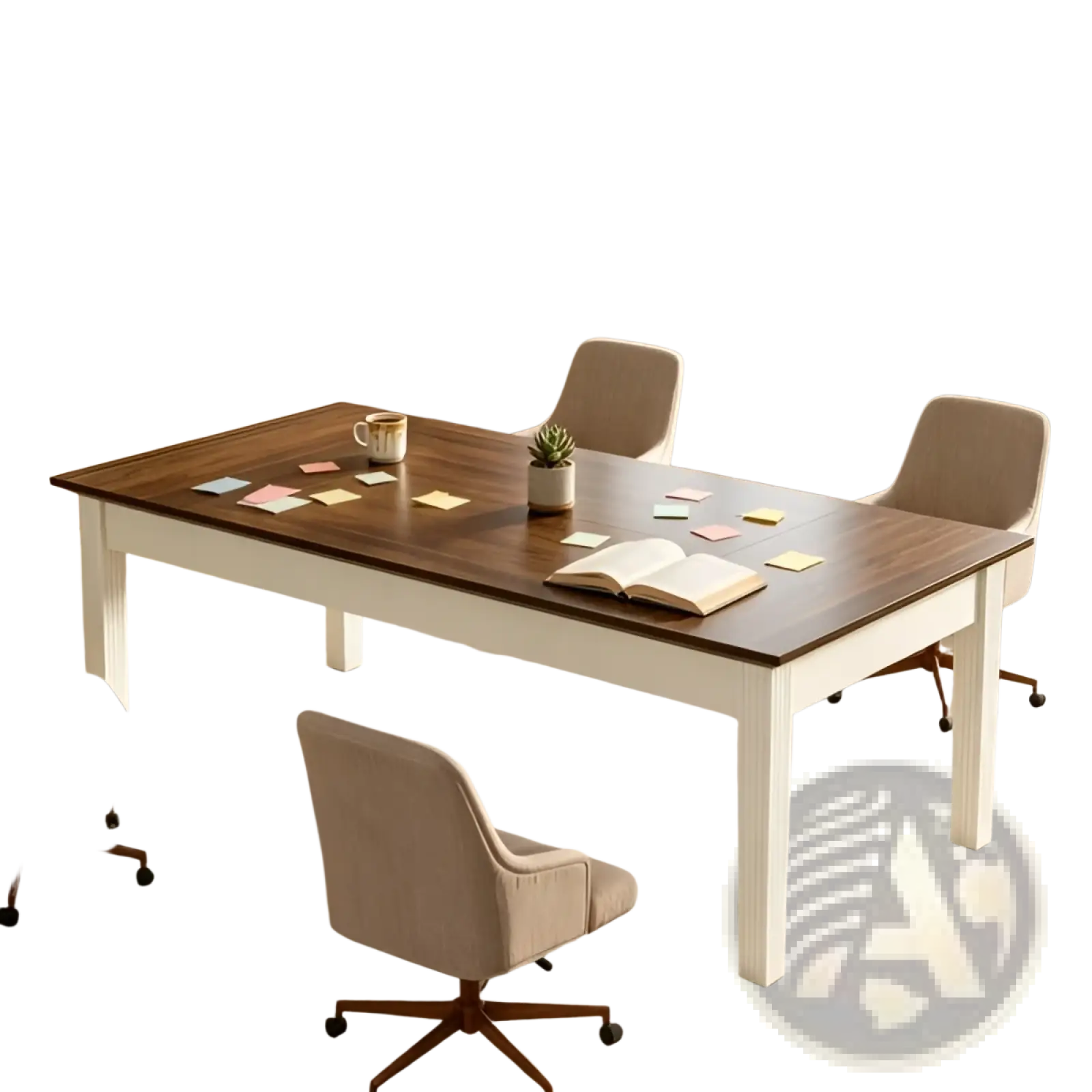 Modern 62 inch white and brown wooden executive office desk with a dark wood top and sleek minimalist design