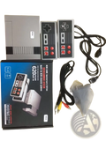Gray Nintendo Entertainment System mini console with two matching gray controllers featuring red buttons and black pads