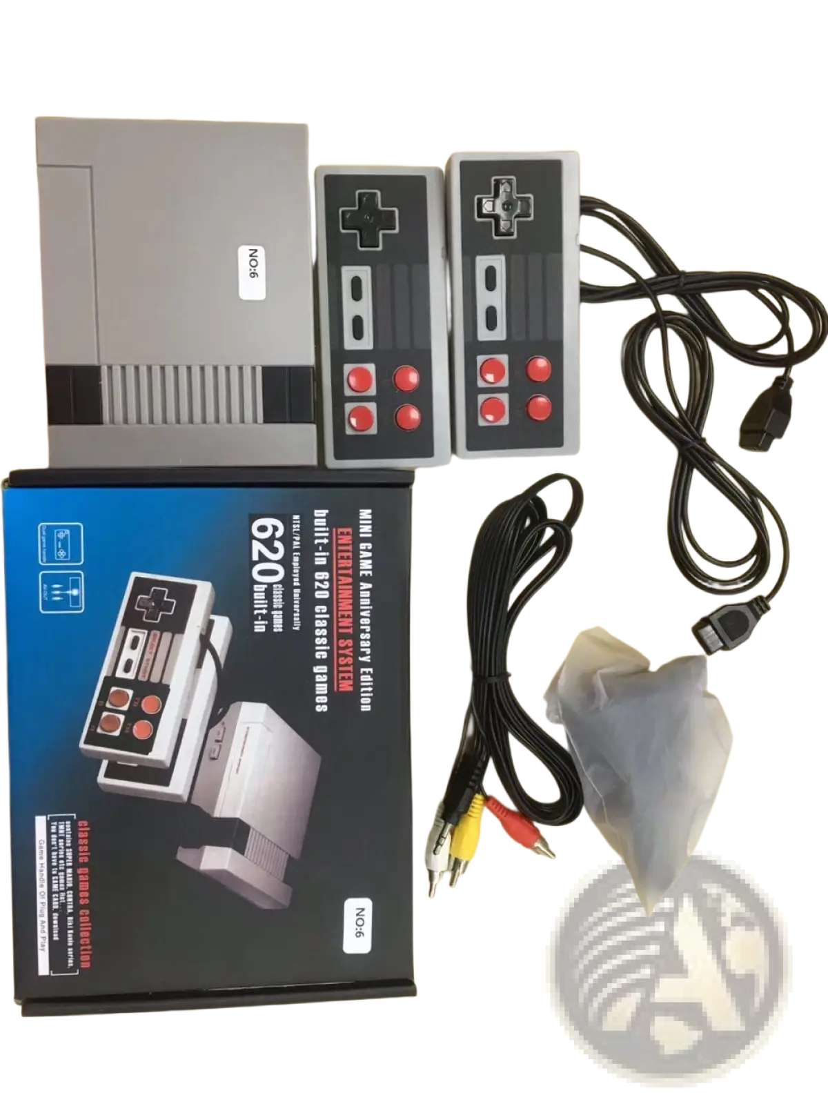 Gray Nintendo Entertainment System mini console with two matching gray controllers featuring red buttons and black pads