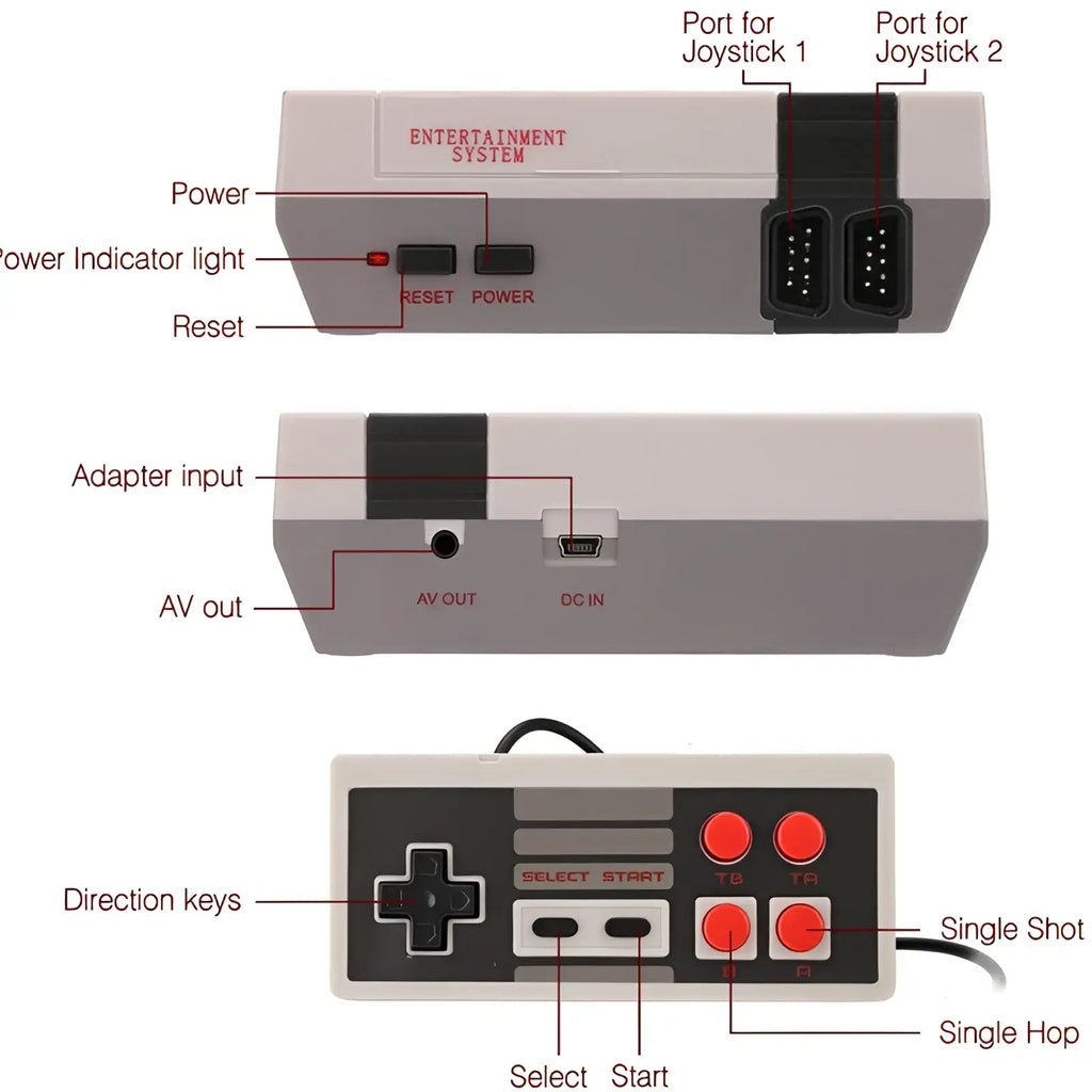 Gray and black retro-style 620 video game console with red button controllers for classic Nintendo entertainment system play