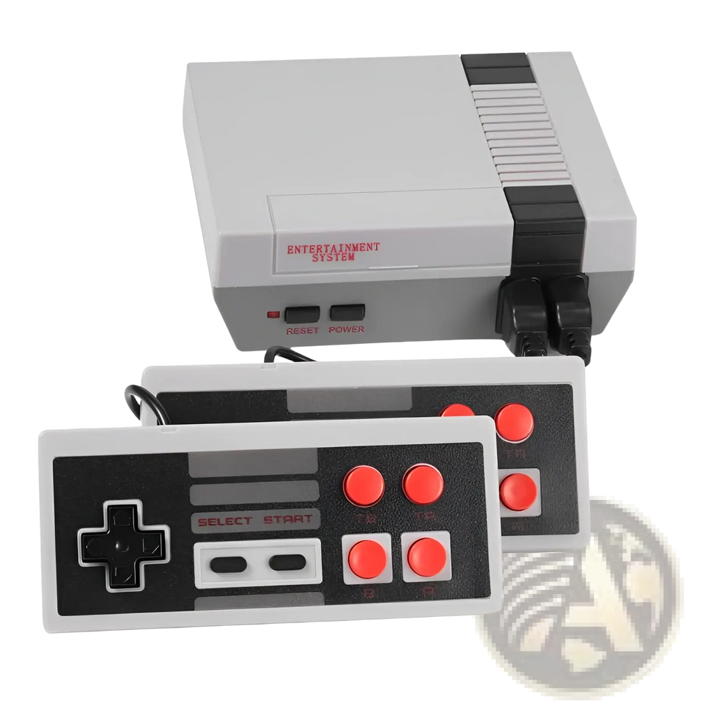 Gray and black 620 retro video game console with two matching controllers featuring red buttons and retro design