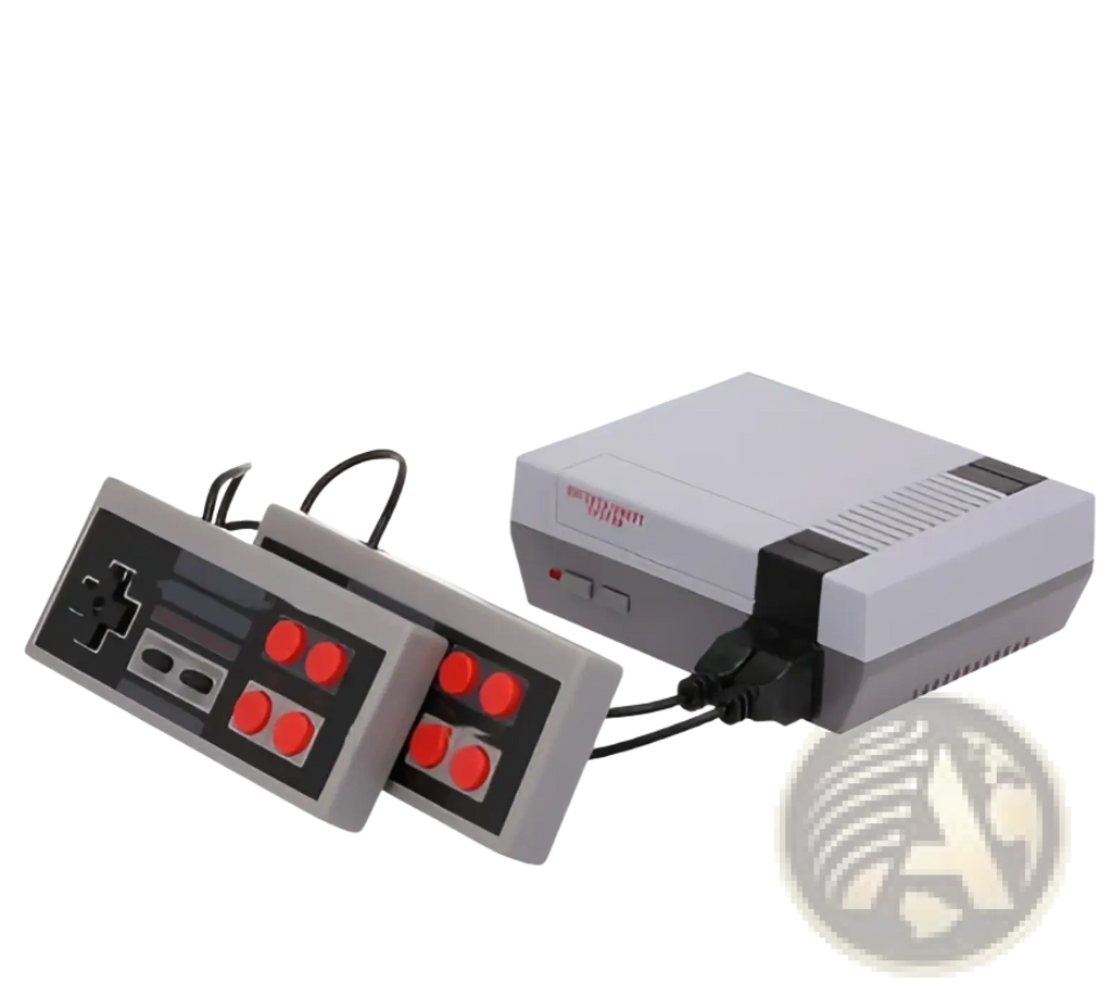 Gray and black 620 retro video game console classic mini with two matching controllers featuring red buttons