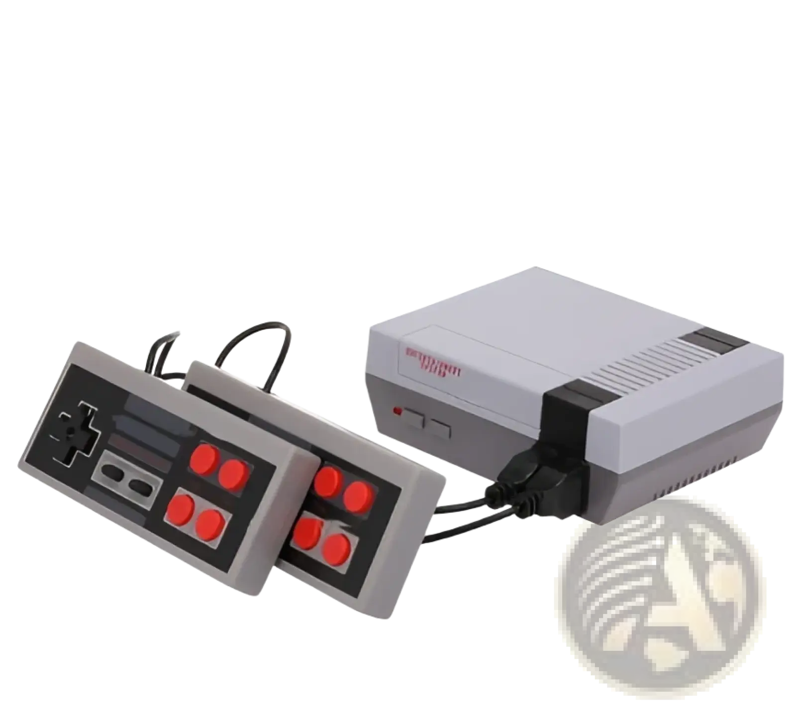Gray and black 620 retro video game console classic mini with two matching controllers featuring red buttons