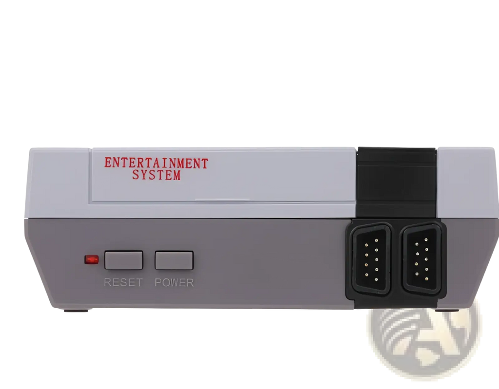 Gray and black plastic 620 retro video game console with red entertainment system text and two controllers