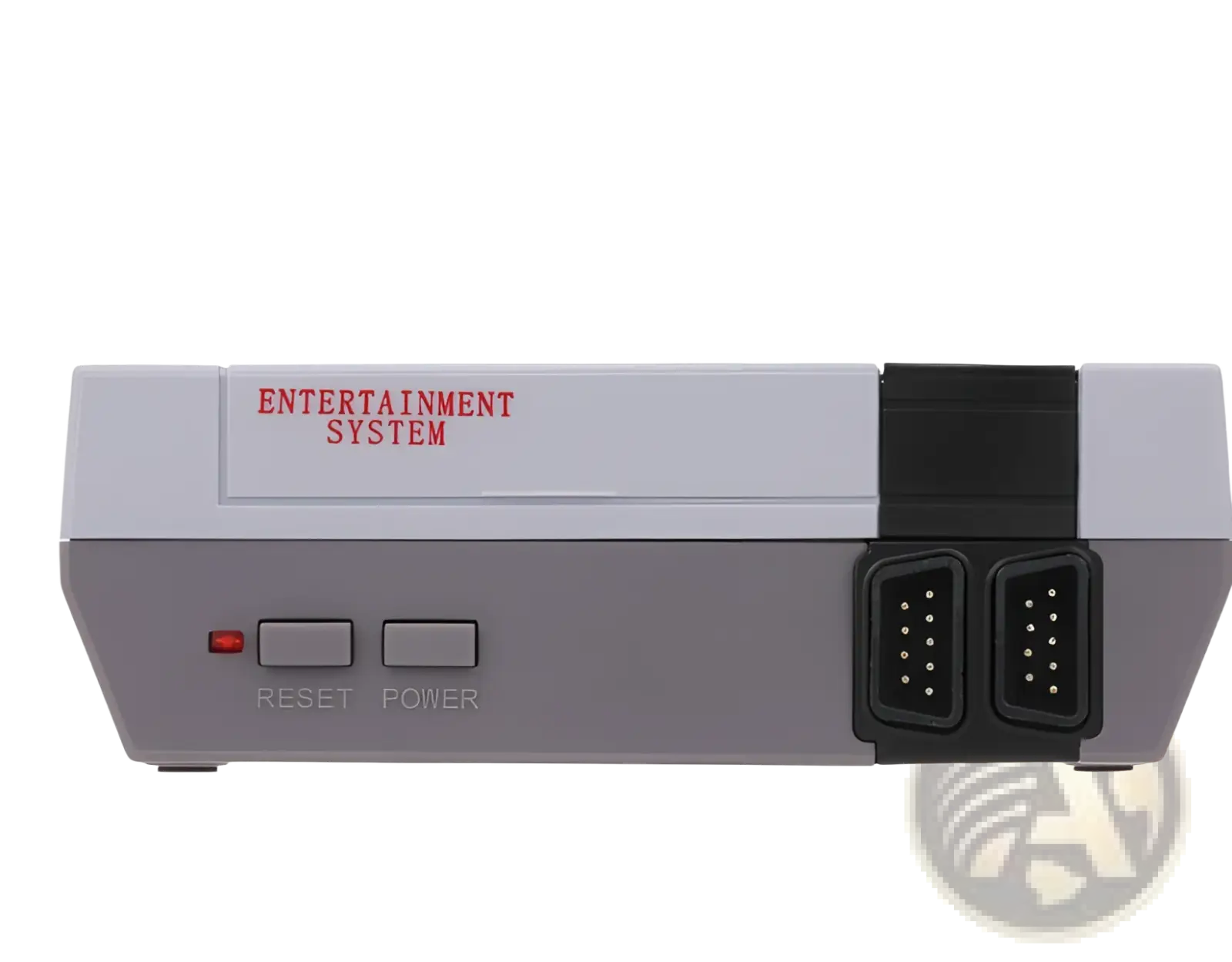 Gray and black plastic 620 retro video game console with red entertainment system text and two controllers