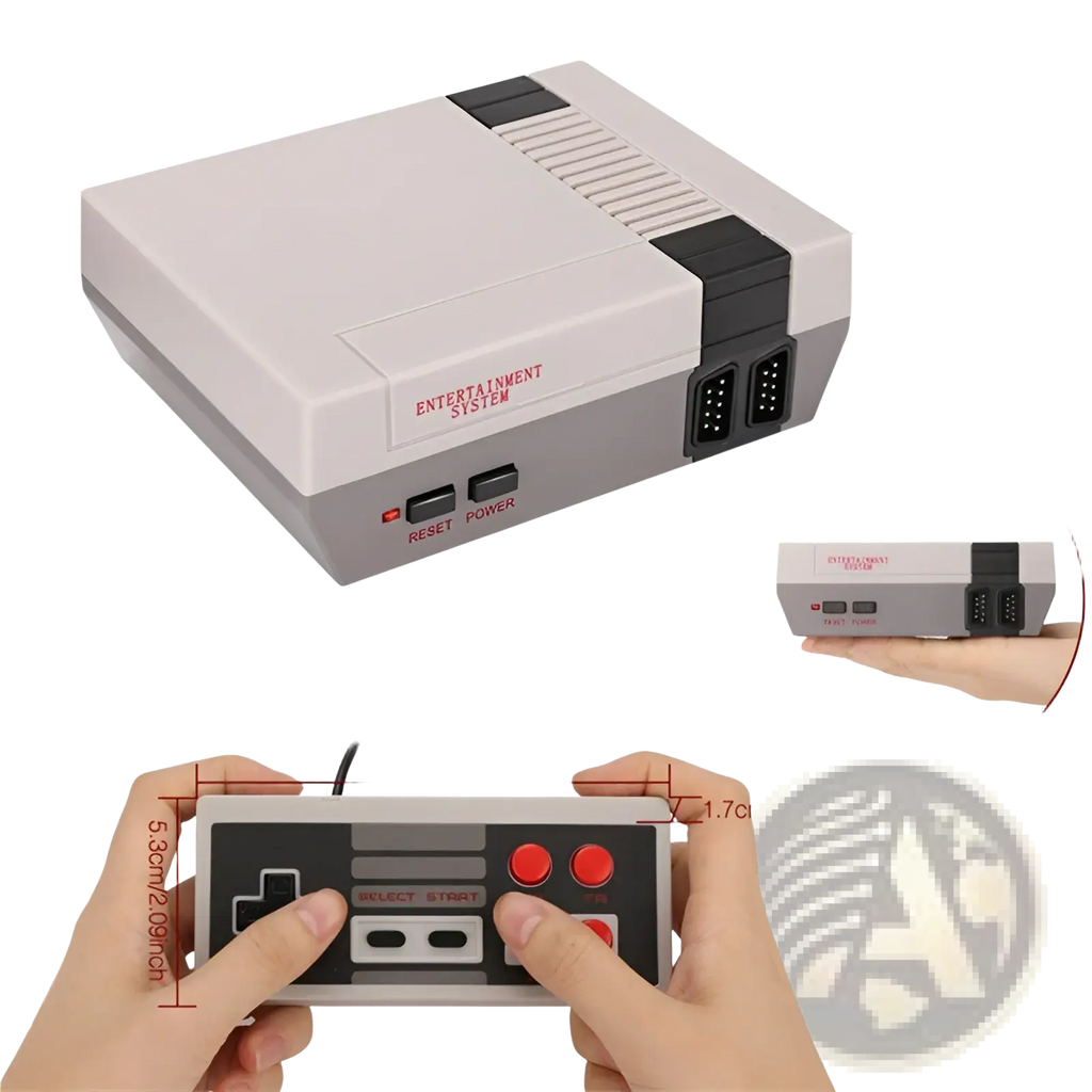 Gray and black retro-style 620 video game console with red entertainment system text and matching controller included