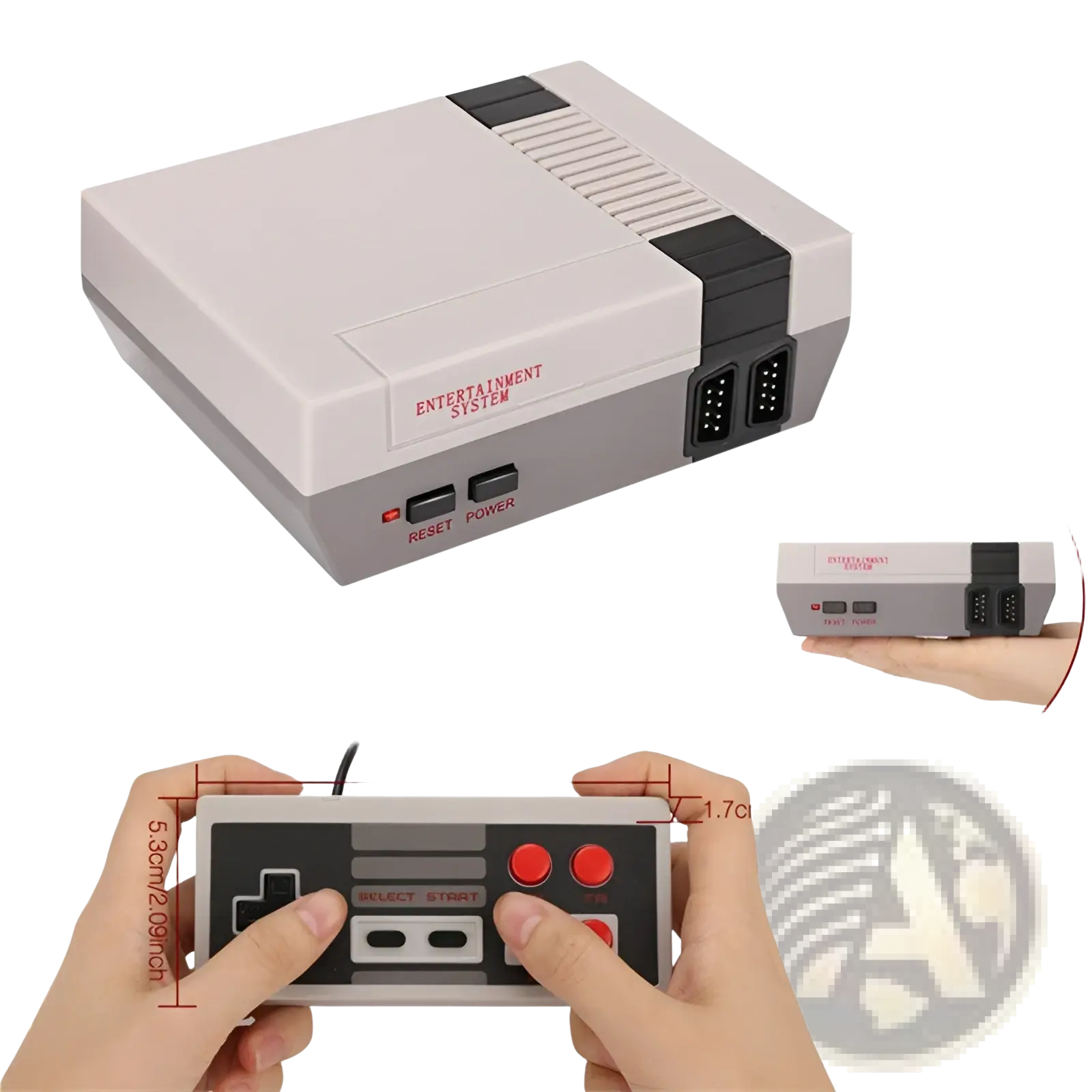 Gray and black retro-style 620 video game console with red entertainment system text and matching controller included