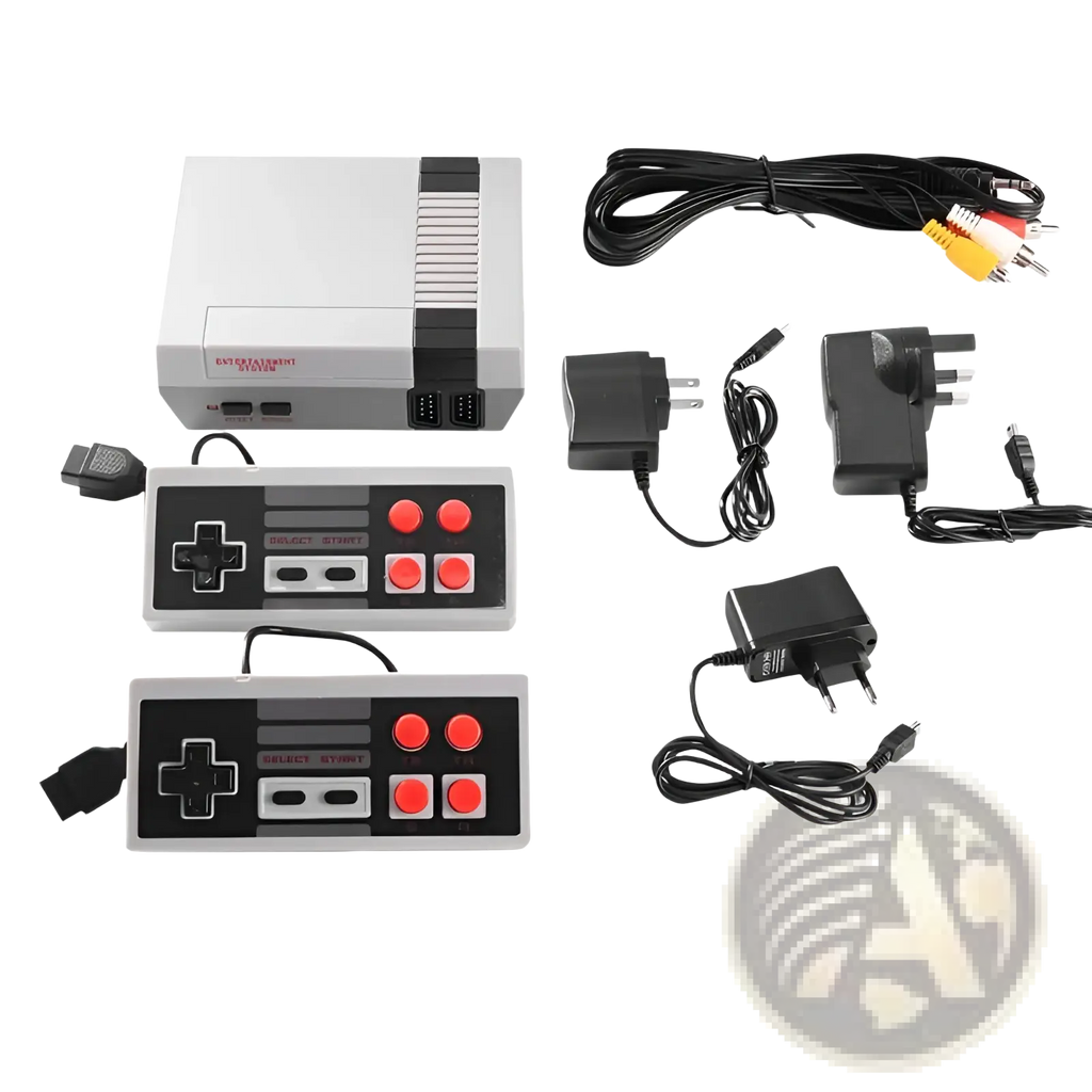 Gray and black retro-style 620 video game console with two matching red button controllers for classic gaming