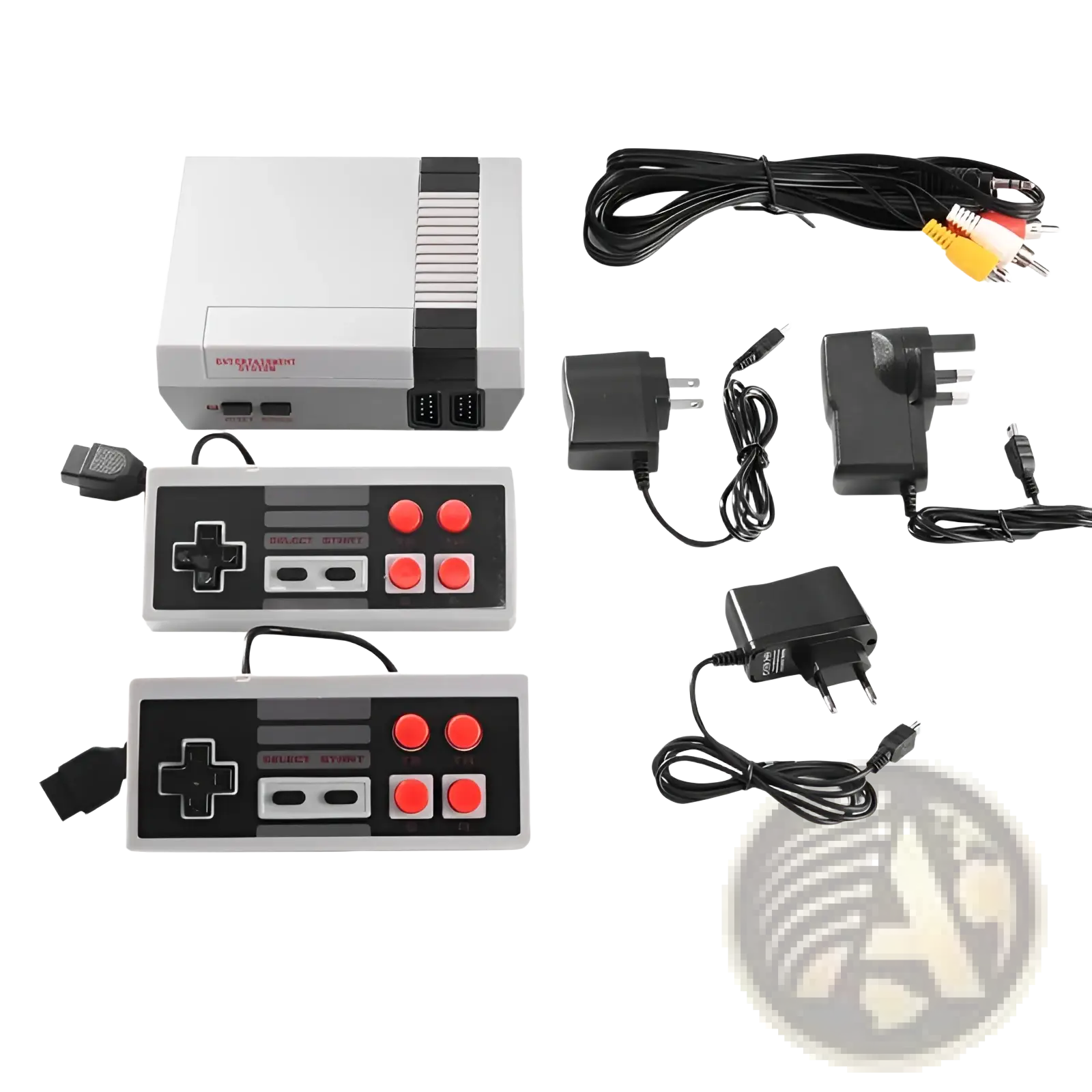 Gray and black retro-style 620 video game console with two matching red button controllers for classic gaming