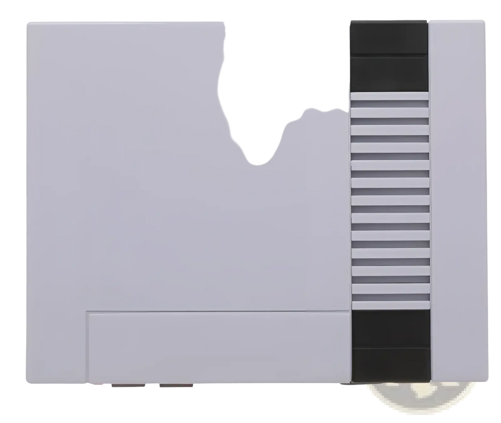 Gray plastic 620 retro video game console with black vertical stripe and vented panel with two controllers