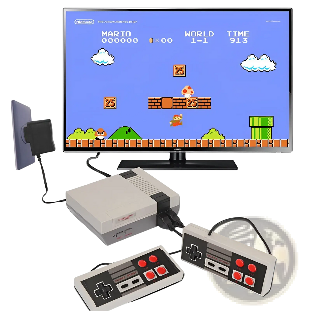Gray and black 620 Retro Video Game Console with red buttons and 2 controllers displaying Super Mario Bros on tv