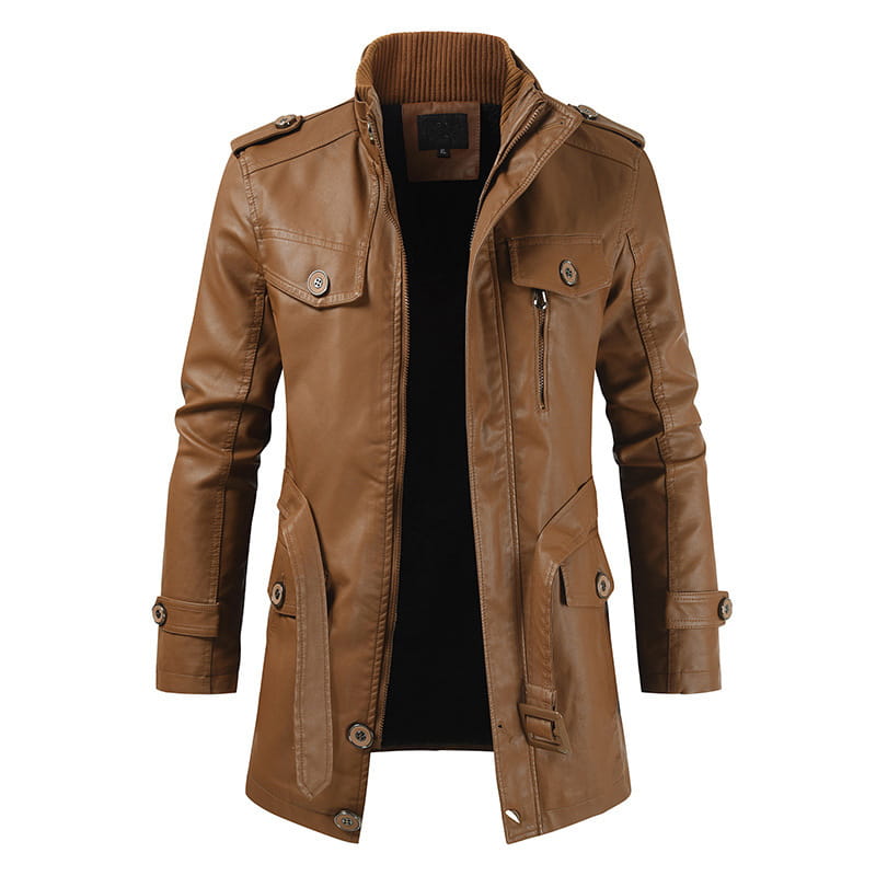 Men’s brown faux leather trench coat featuring a stand collar, buttoned flap pockets, and a ribbed collar.