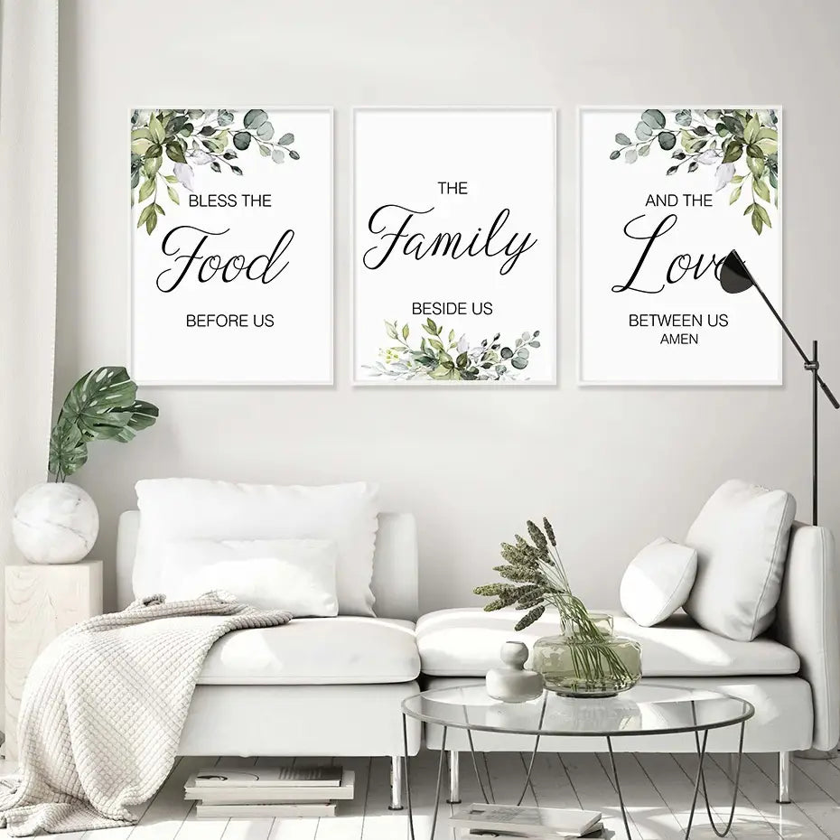 three framed eucalyptus botanical love and bless wall art pieces featuring elegant black cursive text and illustrations on white backgrounds