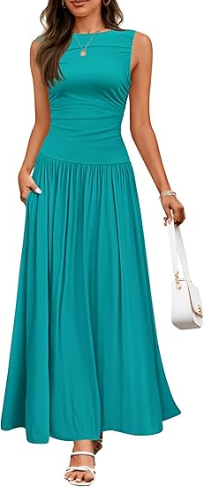 Teal sleeveless pleated maxi dress with a fitted bodice and flared skirt featuring pockets.